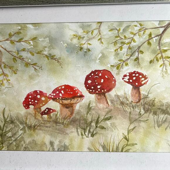 Original Art watercolor painting featuring red and white Fly Agaric mushrooms - Picture 3 of 8